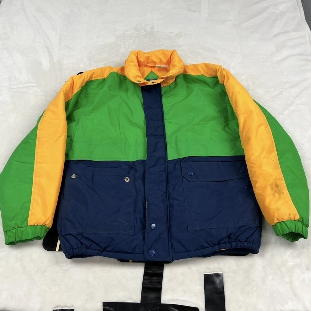 Max Active Puffer Jacket Kids L Green Navy Yellow Vintage Colorblock 73618